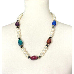 Vintage Multicolor Stone & Faux Pearl Necklace Chunky 24 inch Statement Jewelry